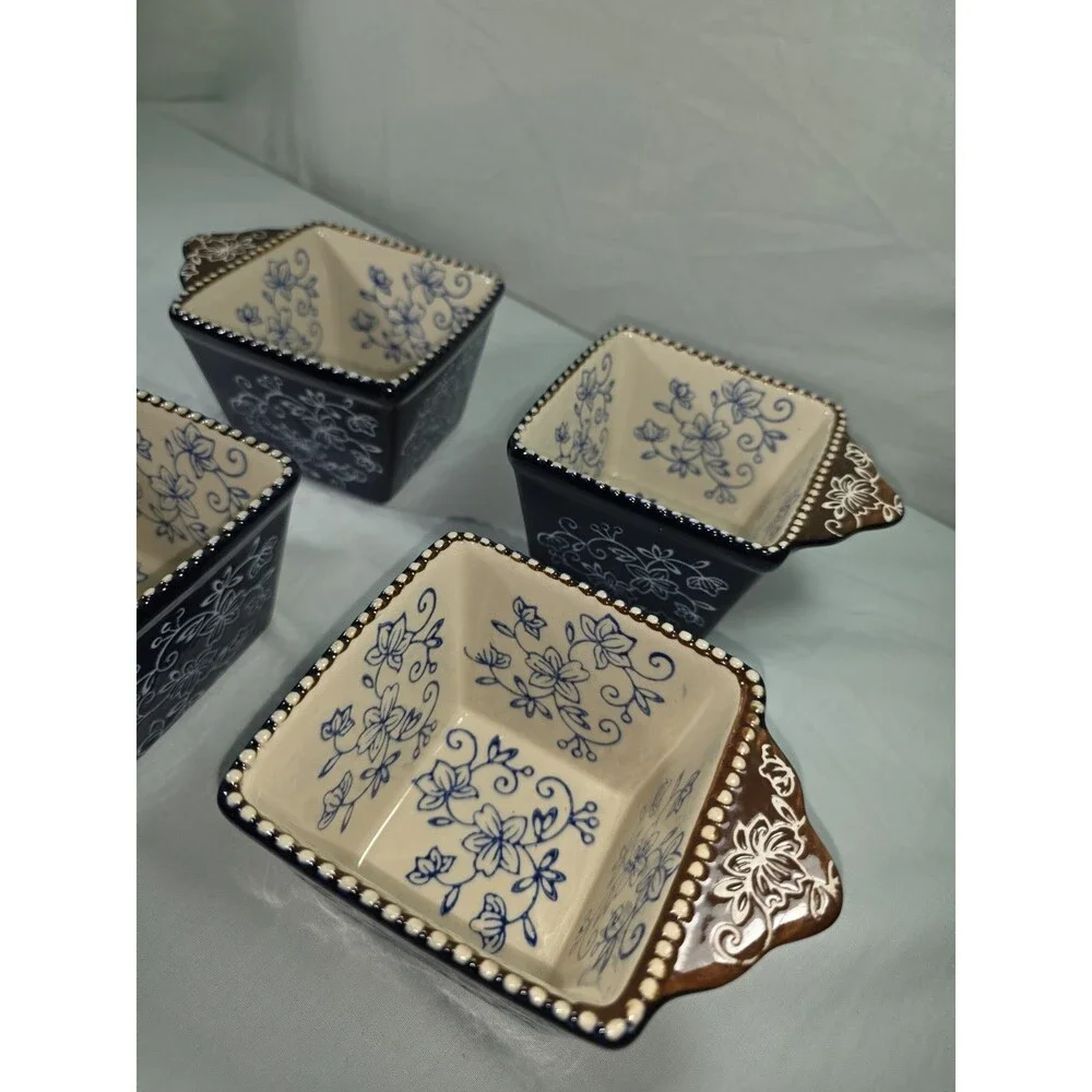 Temp-tations Floral Lace Cobalt Blue 10 OZ Square Ramekins Mini Bakers Set of 4